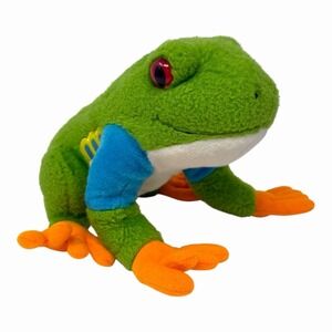 The Petting Zoo Tree Frog Plush Bright Green Red Eyes Realistic Orange 14"